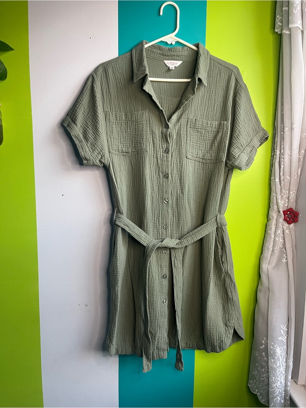 Textured Cotton Button-Front Shirt Dress in Olive Green